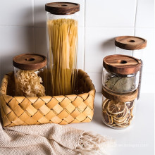 Bote de cocina de vidrio con párpados de madera acacia herméticamente